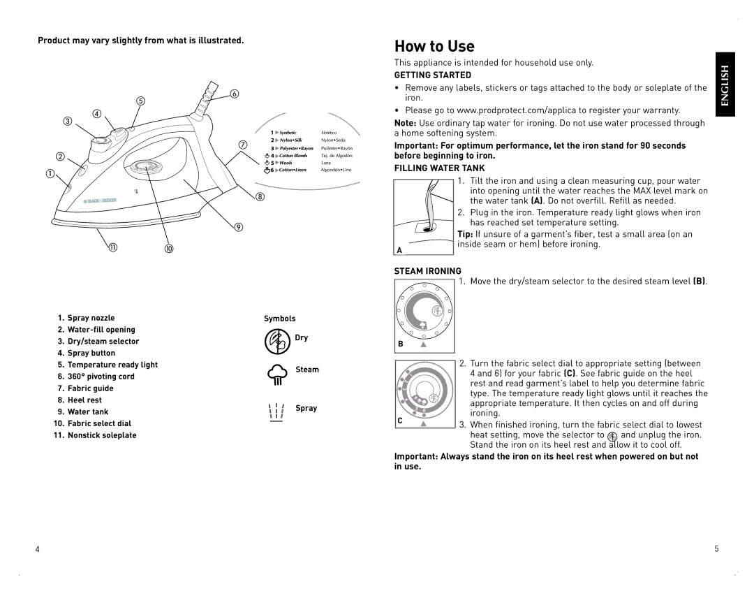 Black & Decker F210 manual How to Use, Getting Started, Filling Water Tank, Steam Ironing 