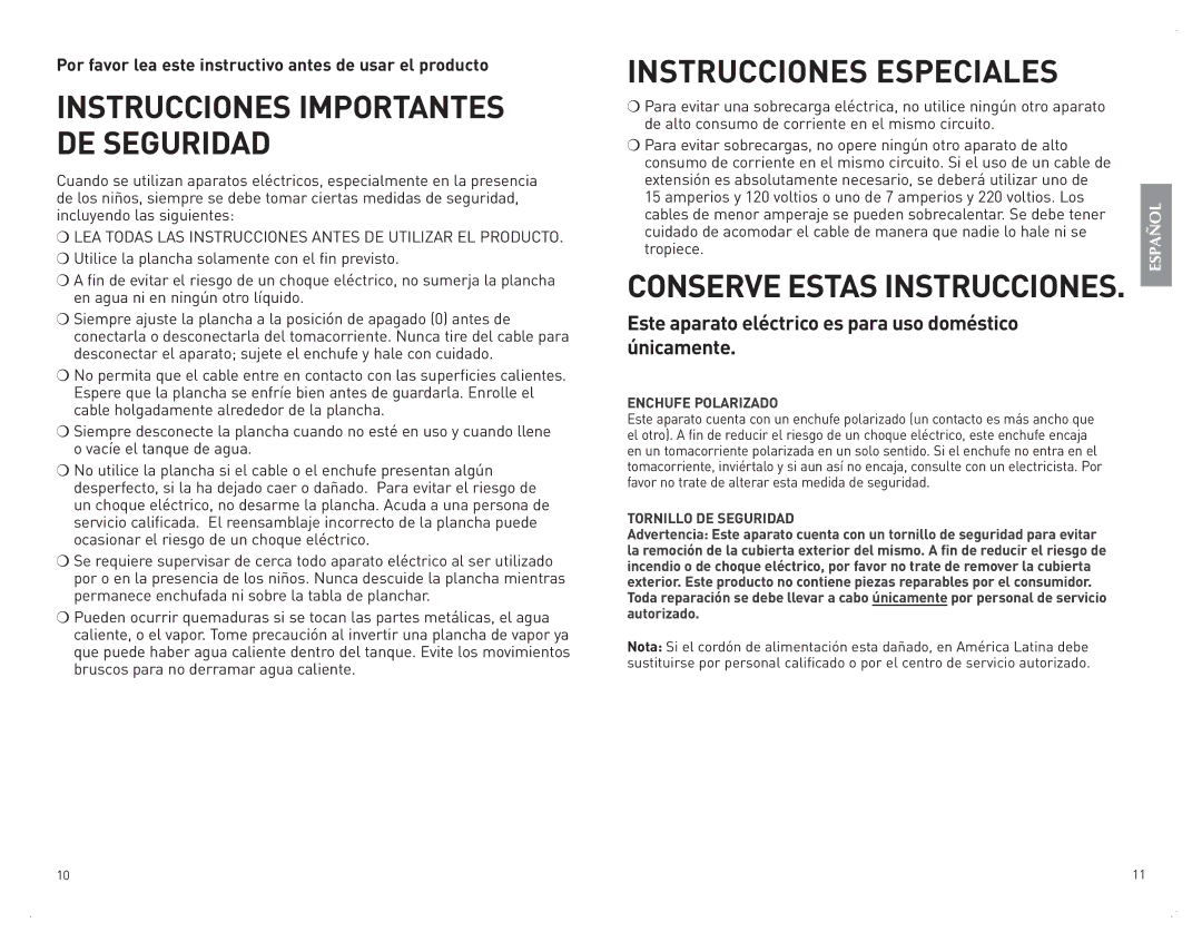 Black & Decker F210 manual Instrucciones Especiales 