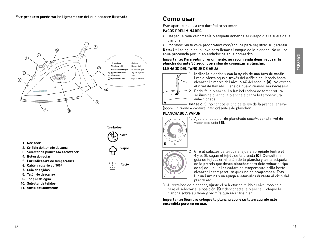 Black & Decker F210 manual Como usar, Pasos Preliminares, Llenado DEL Tanque DE Agua, Planchado a Vapor 