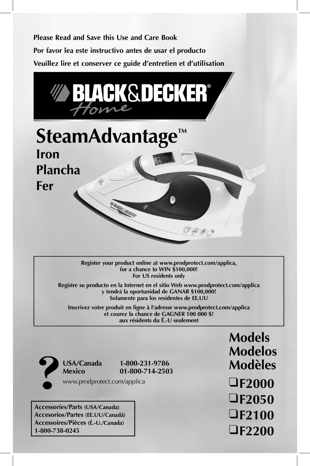 Black & Decker manual Iron Plancha Fer, Models Modelos Modèles F2000 F2050 F2100 F2200, USA/Canada Mexico 