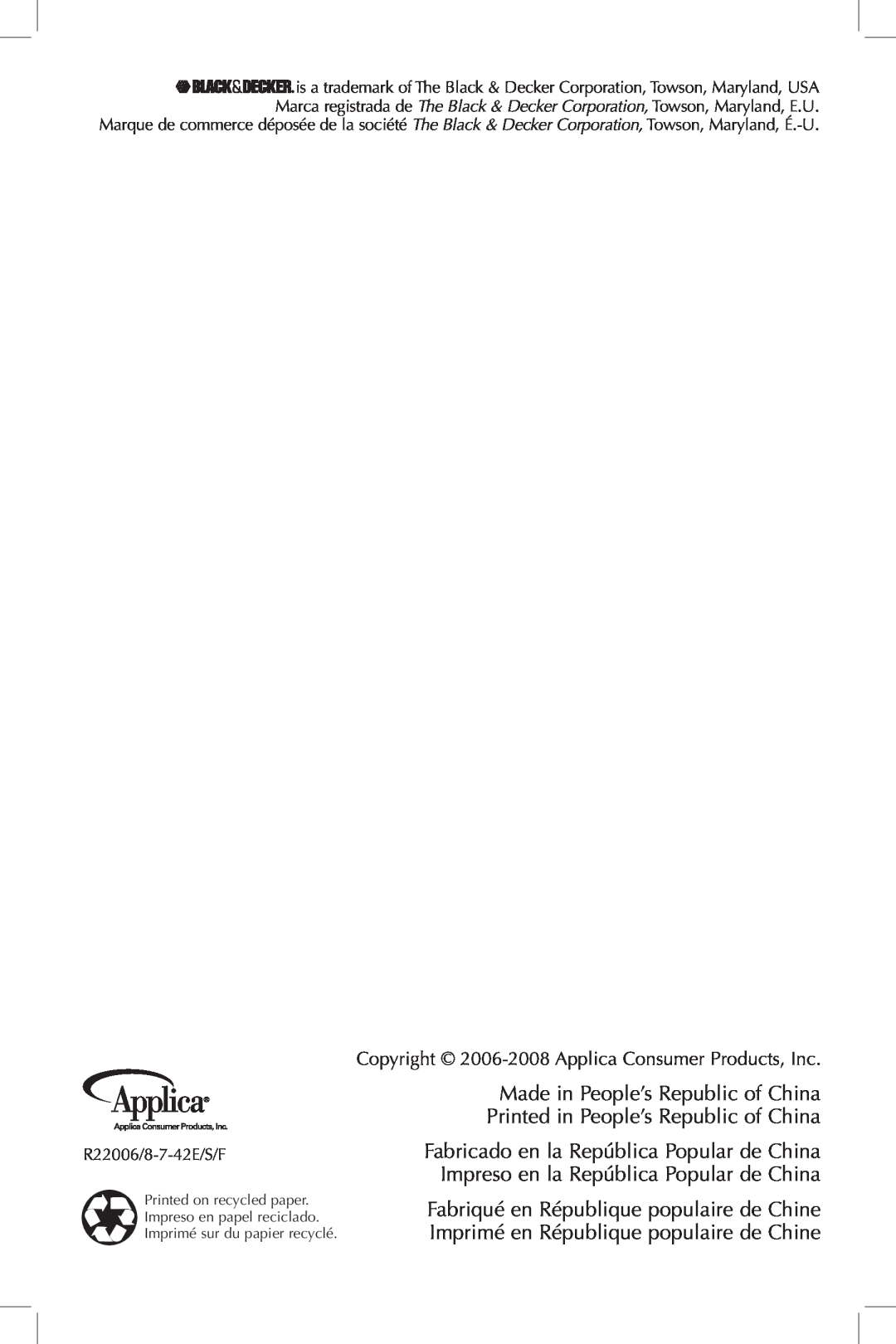 Black & Decker F2100 manual Copyright 2006-2008 Applica Consumer Products, Inc, R22006/8-7-42E/S/F 
