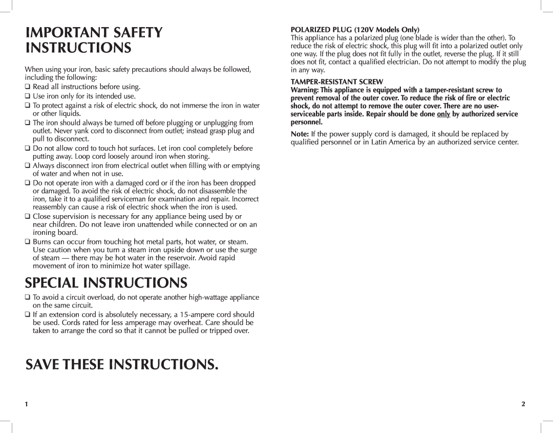 Black & Decker F2100 Important Safety Instructions, Special Instructions, Save These Instructions, Tamper-Resistant Screw 