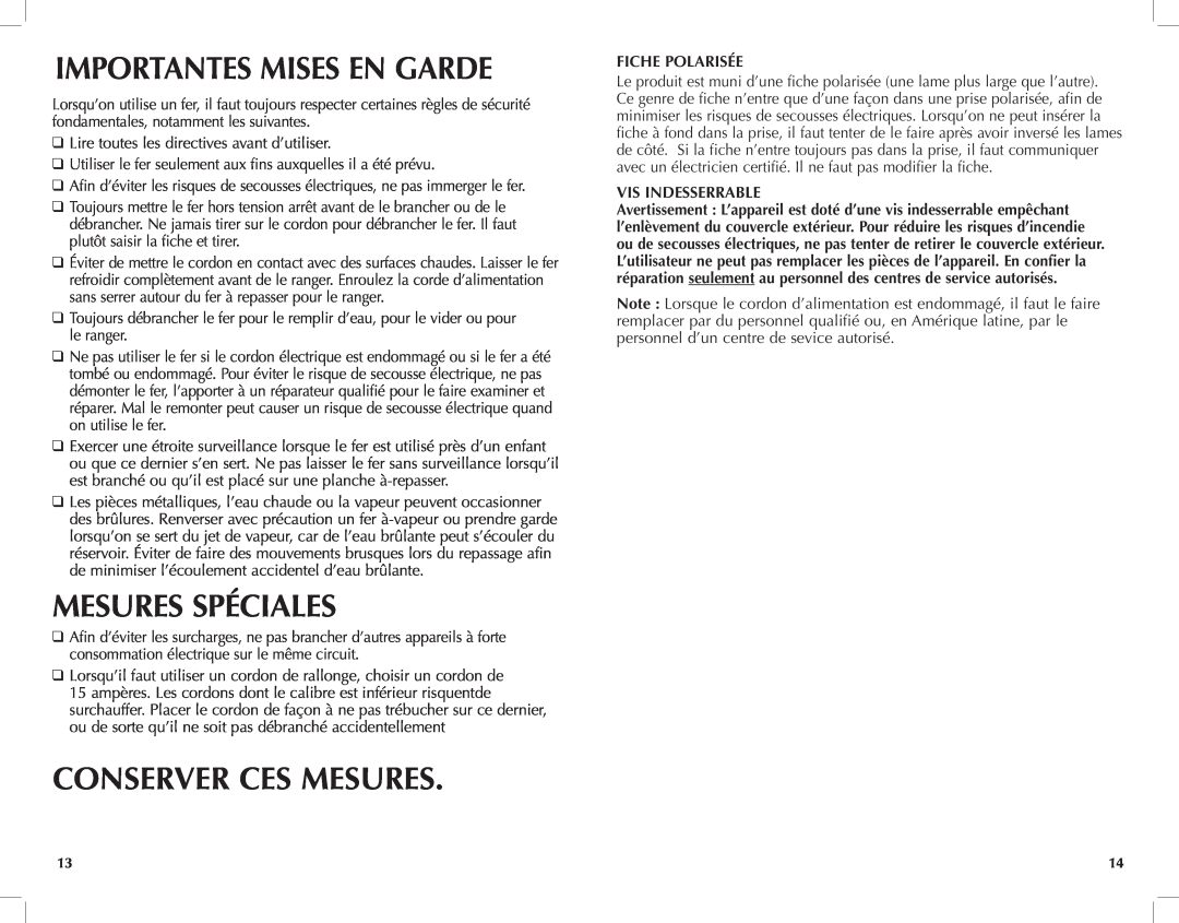 Black & Decker F2100 manual Importantes Mises En Garde, Mesures Spéciales, Conserver Ces Mesures, Fiche polarisée 