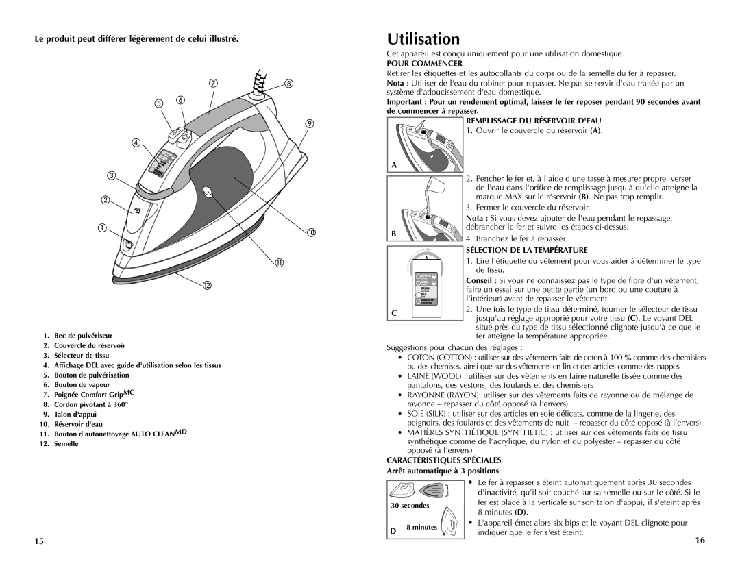 Black & Decker F2100 manual Utilisation, Pour Commencer, Remplissage du réservoir deau, Sélection de la température 