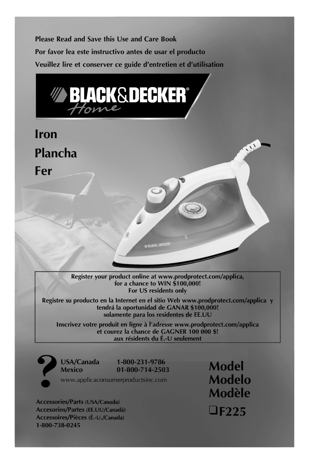 Black & Decker manual Iron Plancha Fer, Model Modelo Modèle F225 