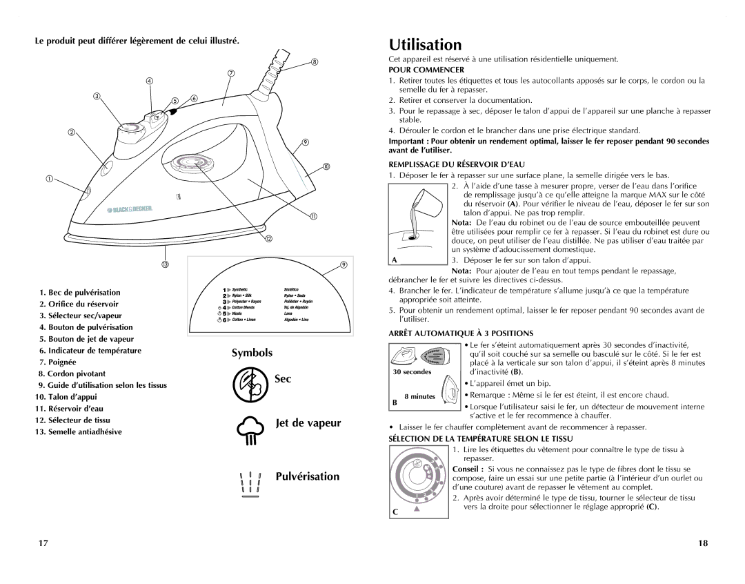 Black & Decker F225 manual Utilisation, Remplissage DU Réservoir D’EAU, Arrêt Automatique À 3 Positions 