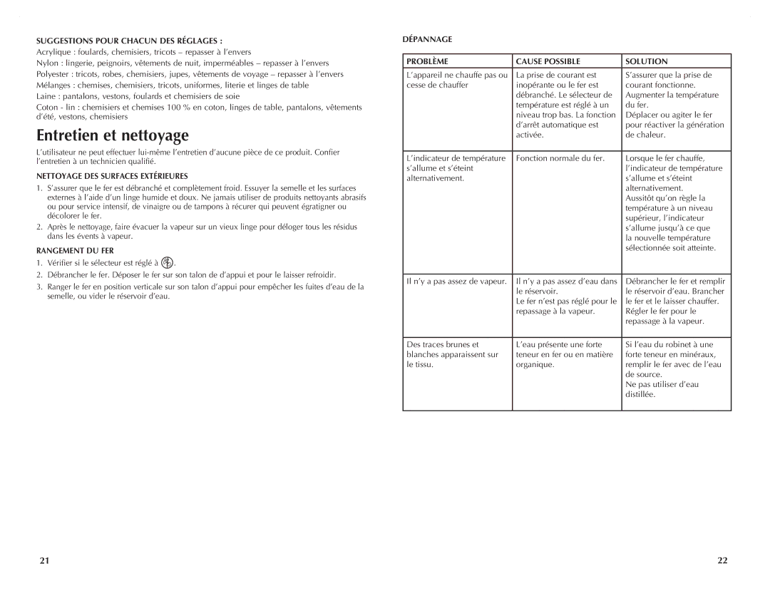 Black & Decker F225 manual Entretien et nettoyage, Suggestions pour chacun des réglages, Nettoyage DES Surfaces Extérieures 