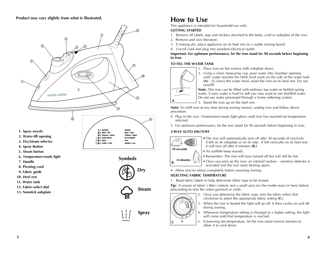 Black & Decker F225 How to Use, Getting Started, To Fill the Water Tank, WAY Auto Shutoff, Selecting Fabric Temperature 