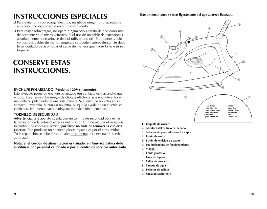 Black & Decker F225 manual Instrucciones Especiales, Conserve Estas Instrucciones, Tornillo DE Seguridad 