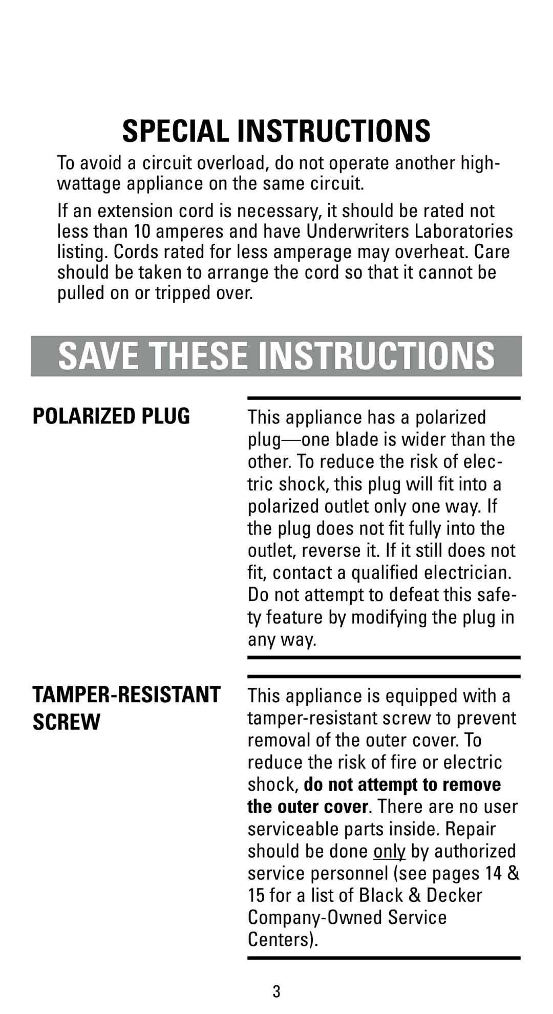 Black & Decker F495SA, F499S manual Special Instructions 