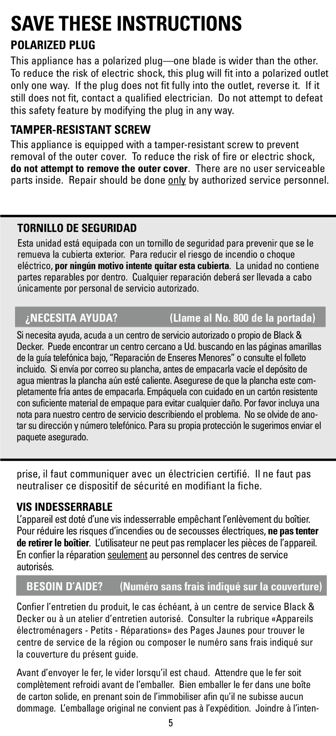 Black & Decker F63D manual Tornillo DE Seguridad, ¿Necesita Ayuda?, VIS Indesserrable 