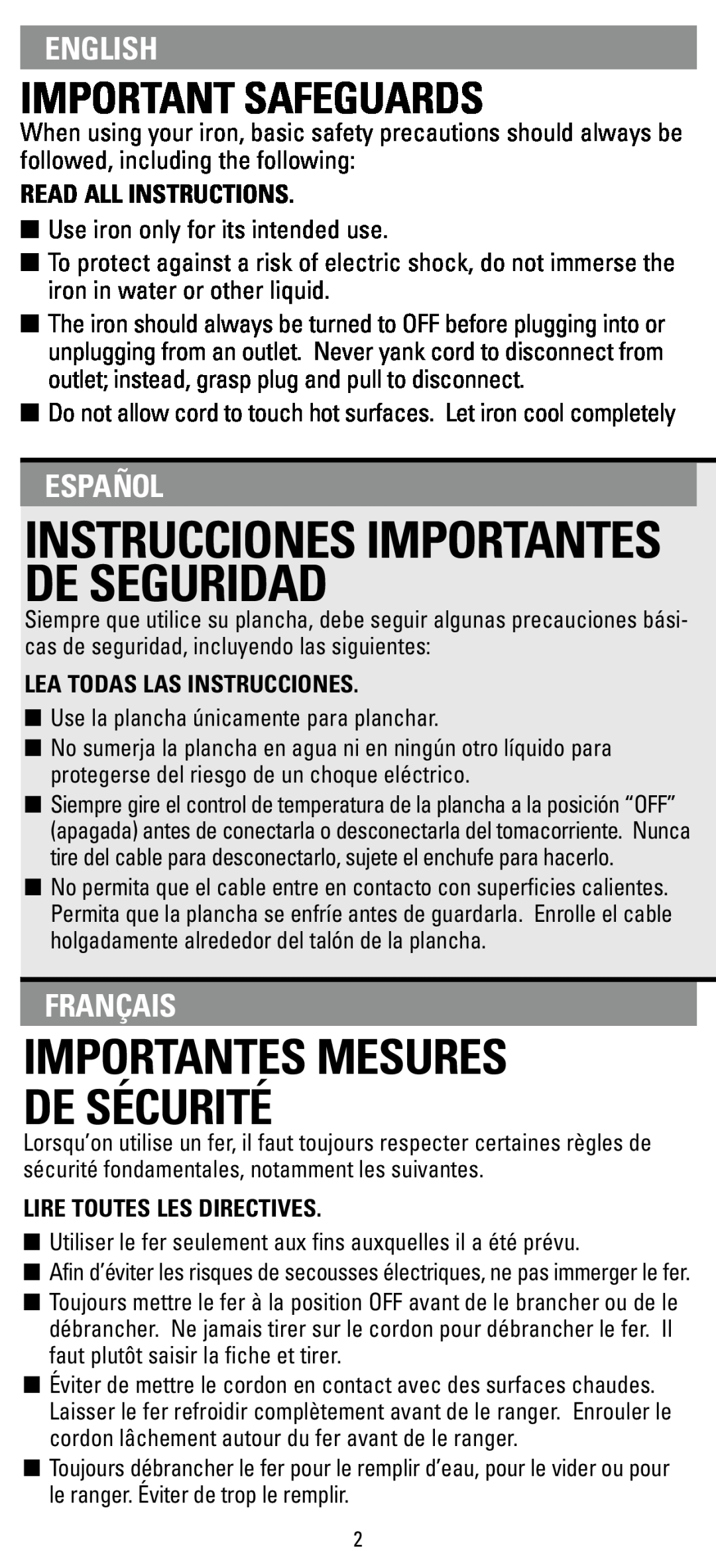 Black & Decker F63D Importantes Mesures De Sécurité, Important Safeguards, Instrucciones Importantes De Seguridad, English 