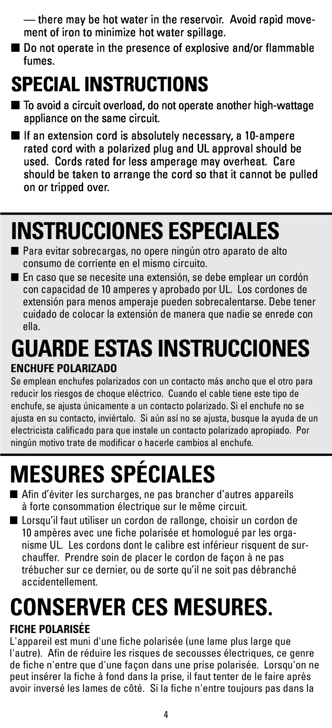 Black & Decker F63D manual Special Instructions, Guarde Estas Instrucciones, Mesures Spéciales, Conserver Ces Mesures 