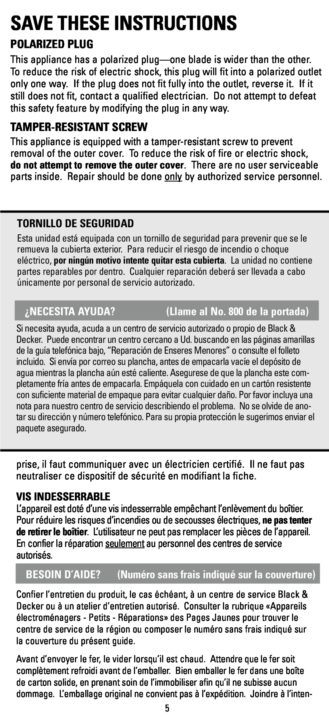 Black & Decker F63D manual Save These Instructions, Polarized Plug, Tamper-Resistant Screw, Tornillo De Seguridad 
