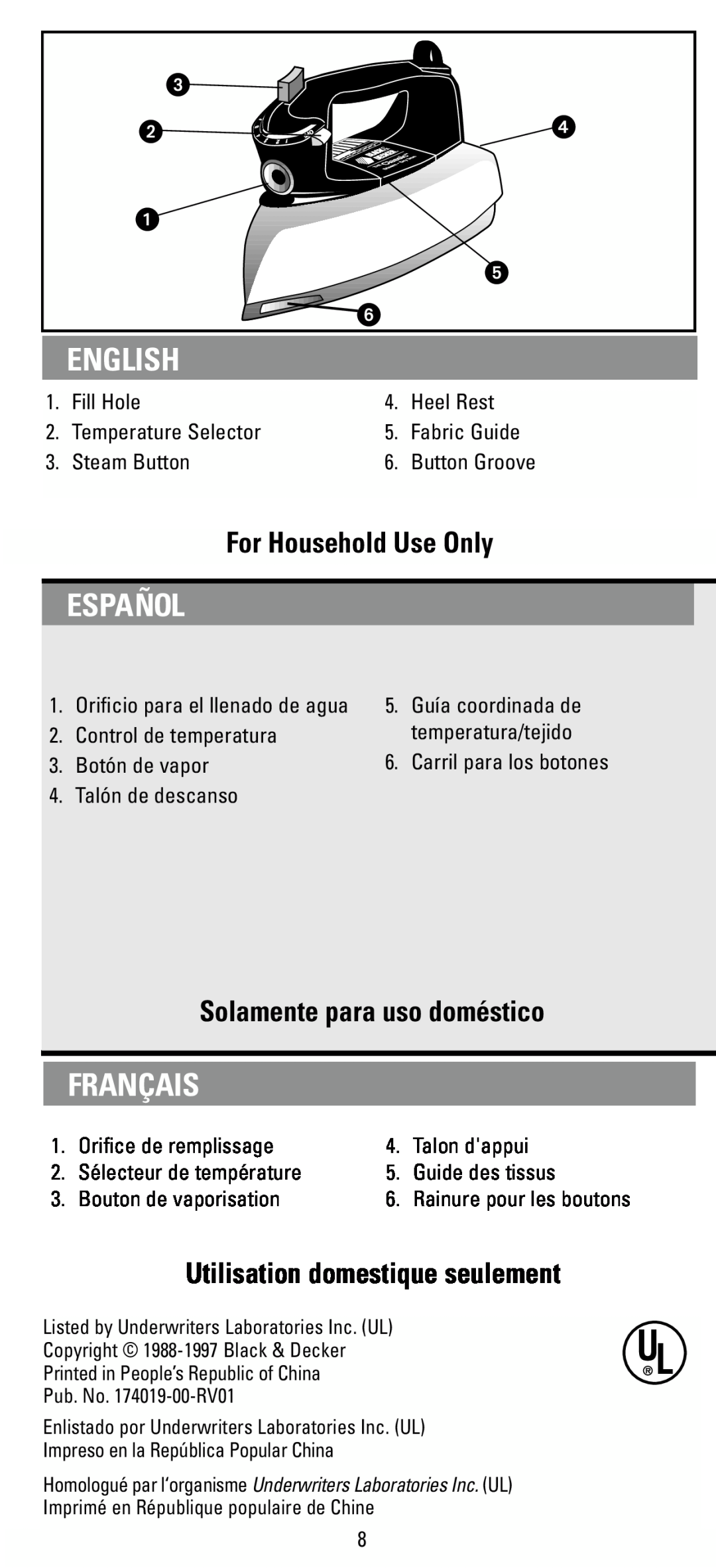 Black & Decker F63D manual English, Español, Français, For Household Use Only, Solamente para uso doméstico 