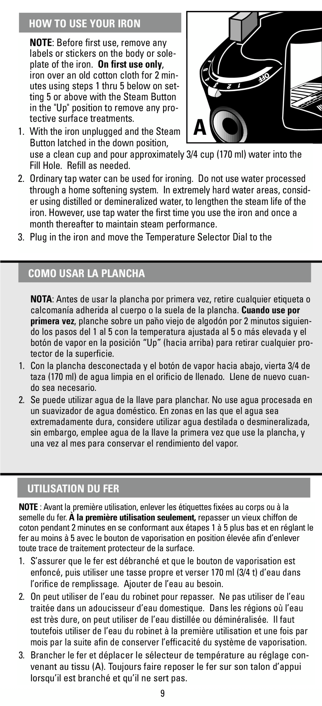 Black & Decker F63D manual How To Use Your Iron, Como Usar La Plancha, Utilisation Du Fer 