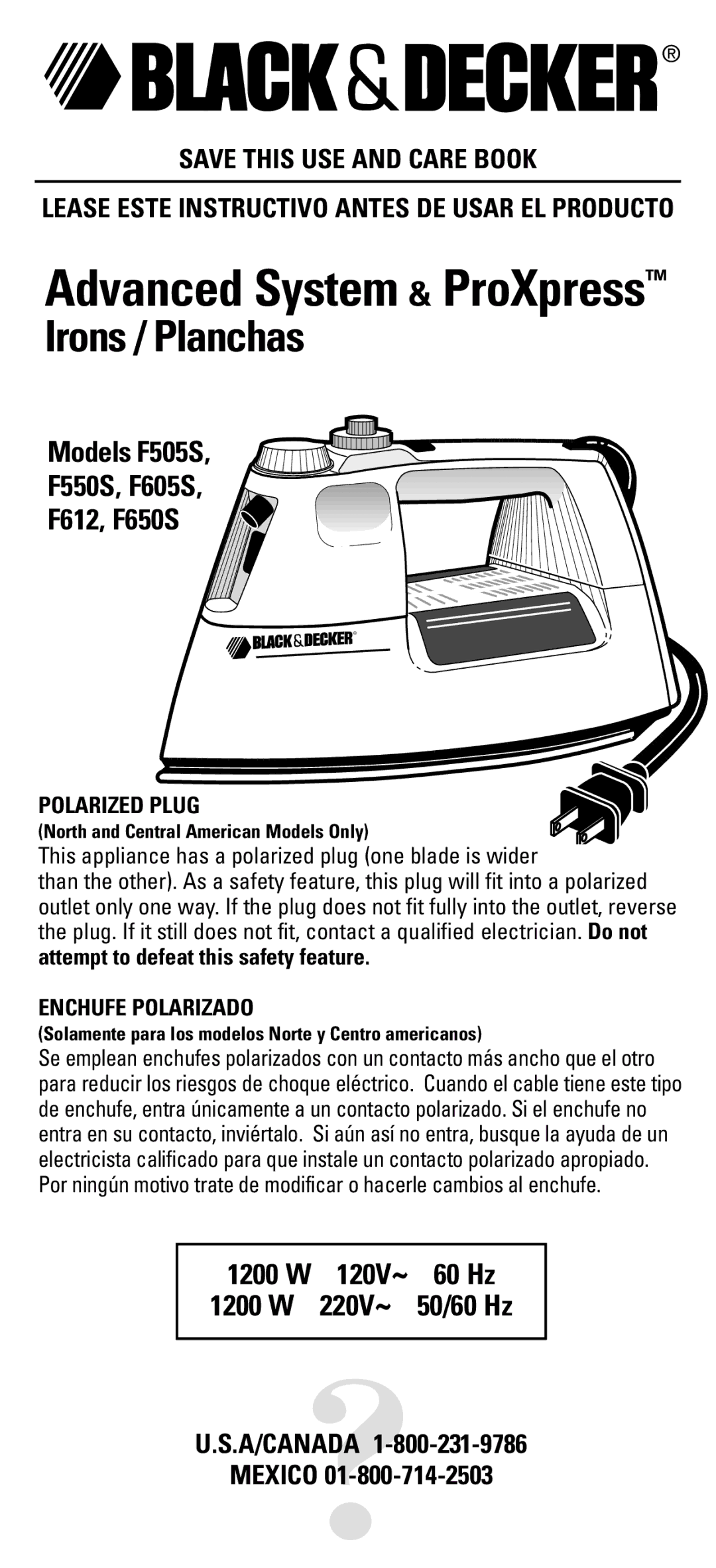 Black & Decker F612, F650S, F605S, F550S, F505S manual Save this USE and Care Book, Polarized Plug, Enchufe Polarizado 