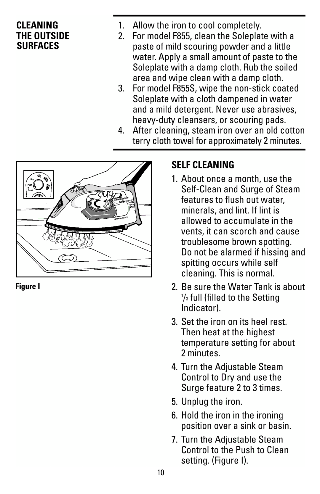 Black & Decker F855S manual Outside, Surfaces, Self Cleaning 