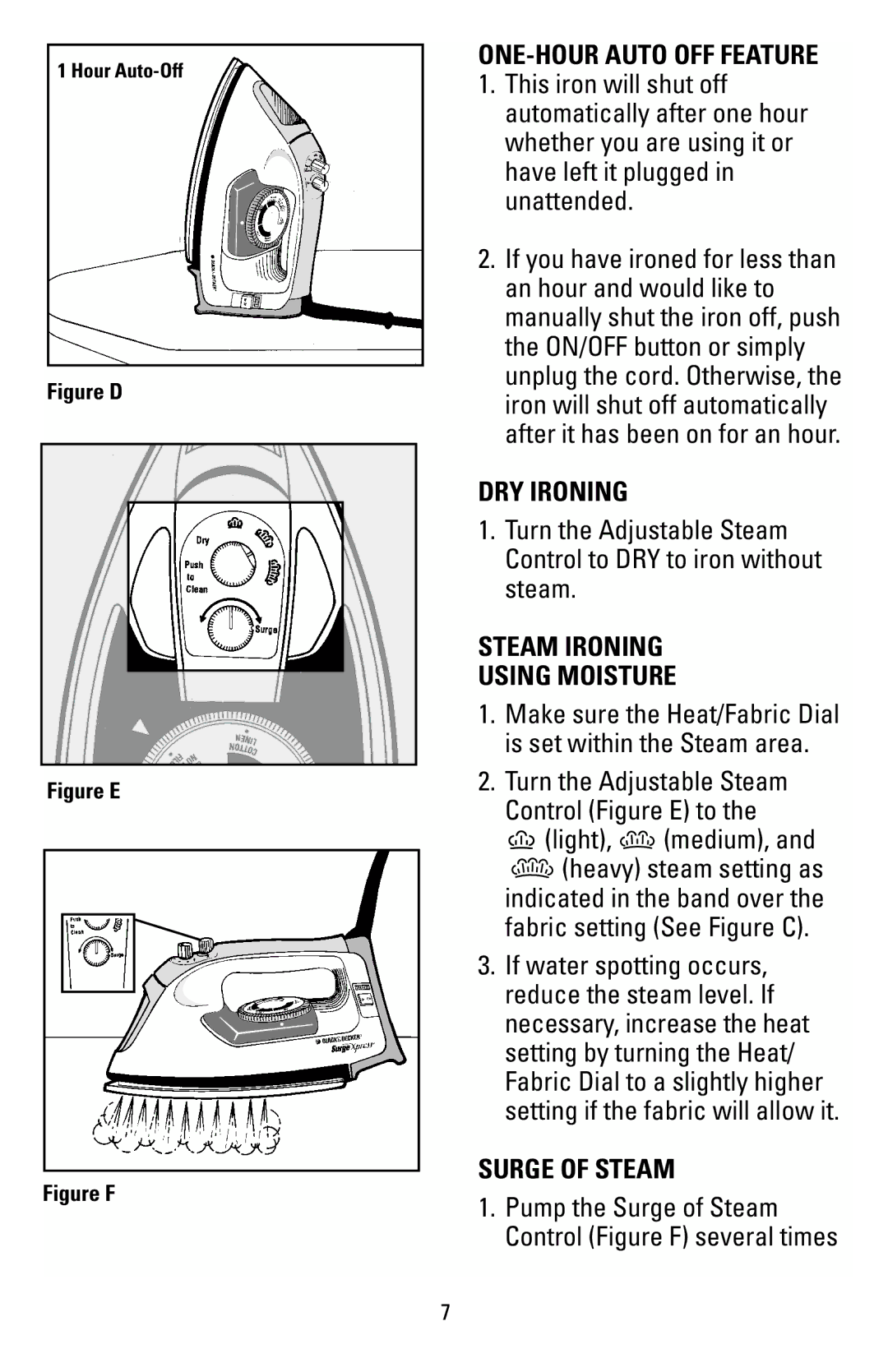 Black & Decker F855S manual DRY Ironing, Steam Ironing Using Moisture, Light, medium, Surge of Steam 