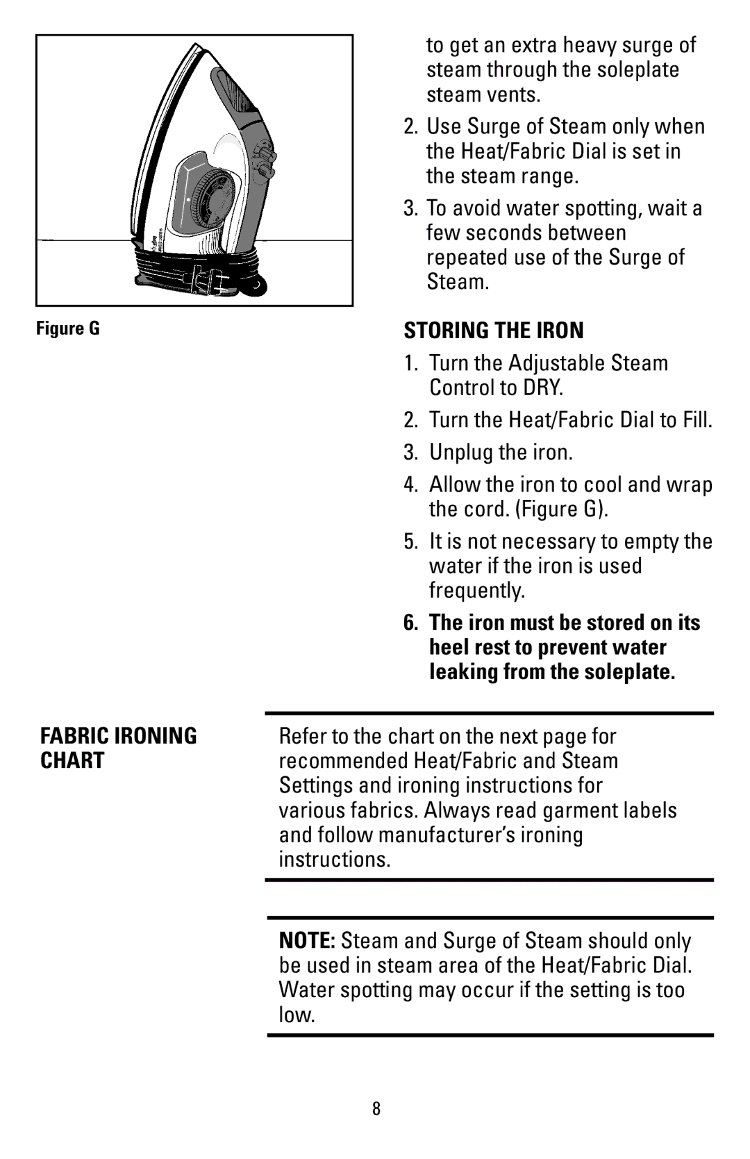 Black & Decker F855S manual Storing the Iron, Fabric Ironing, Chart 