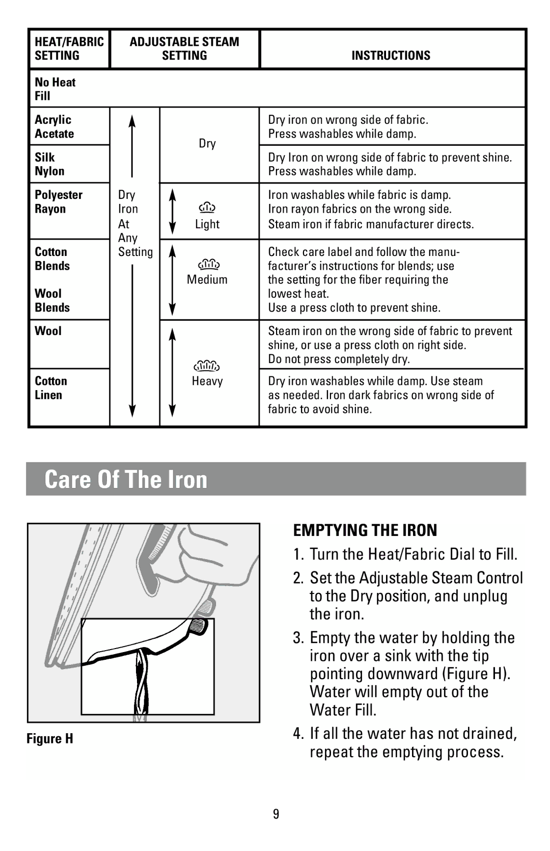 Black & Decker F855S manual Emptying the Iron, Instructions 