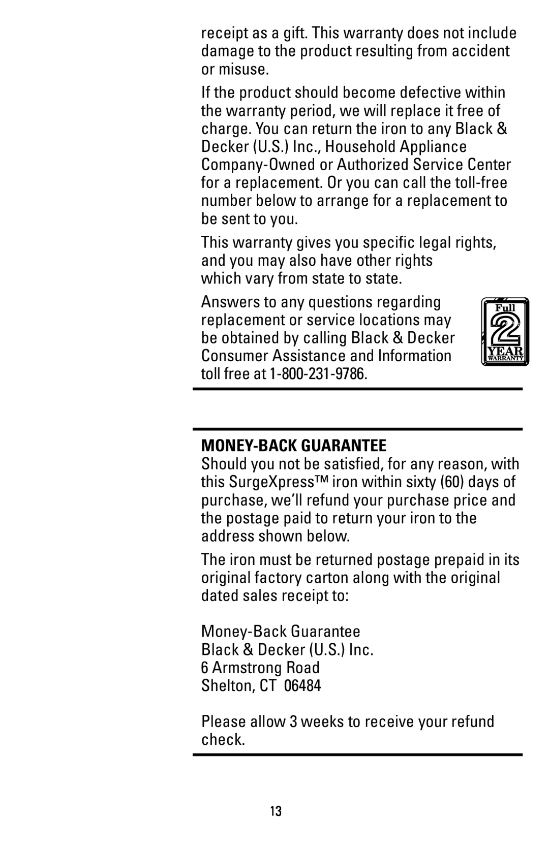 Black & Decker F855S manual Money-Back Guarantee 