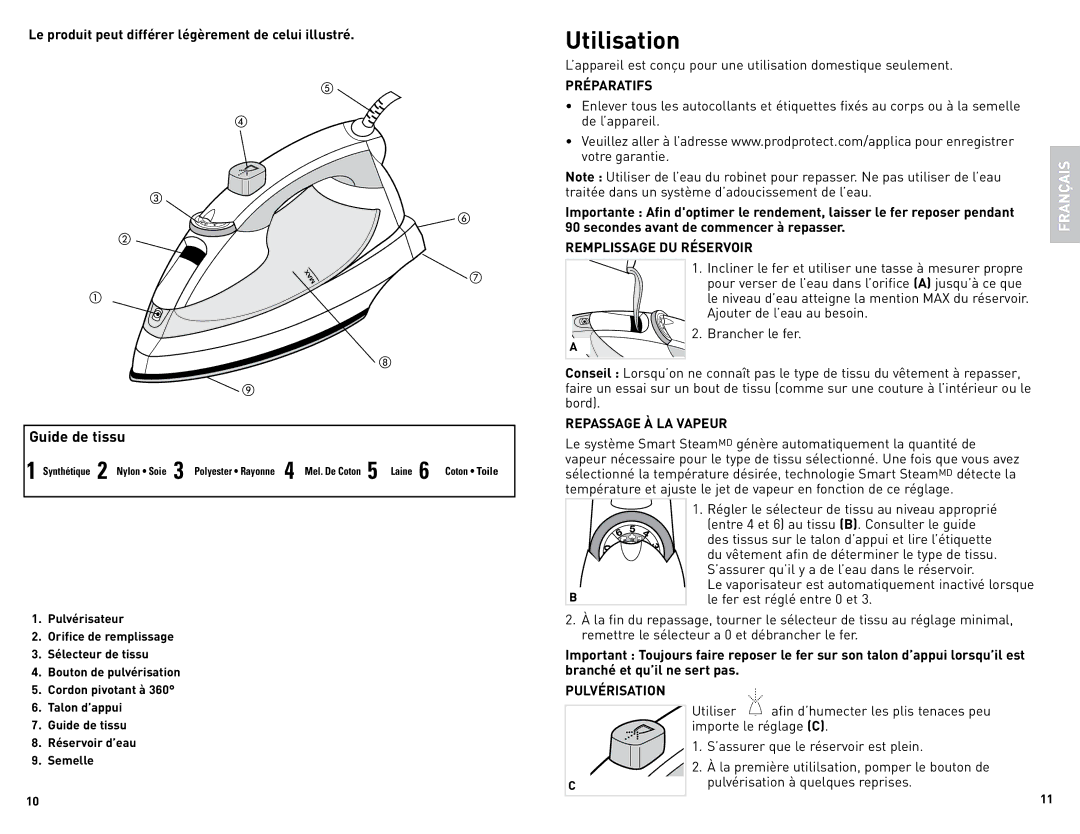 Black & Decker F920C manual Utilisation, Remplissage DU Réservoir, Repassage À LA Vapeur, Pulvérisation 