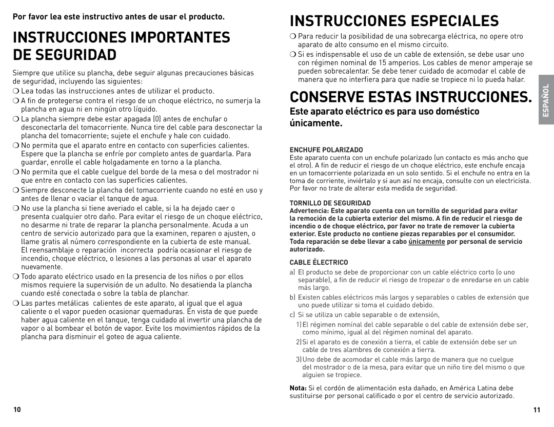 Black & Decker F976 manual Instrucciones Especiales 