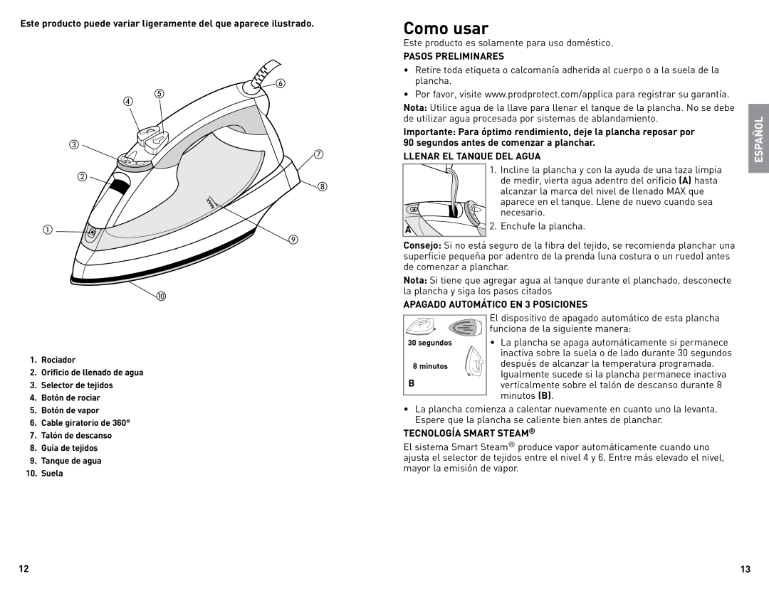 Black & Decker F976 manual Como usar, Pasos Preliminares, Llenar EL Tanque DEL Agua, Apagado Automático EN 3 Posiciones 