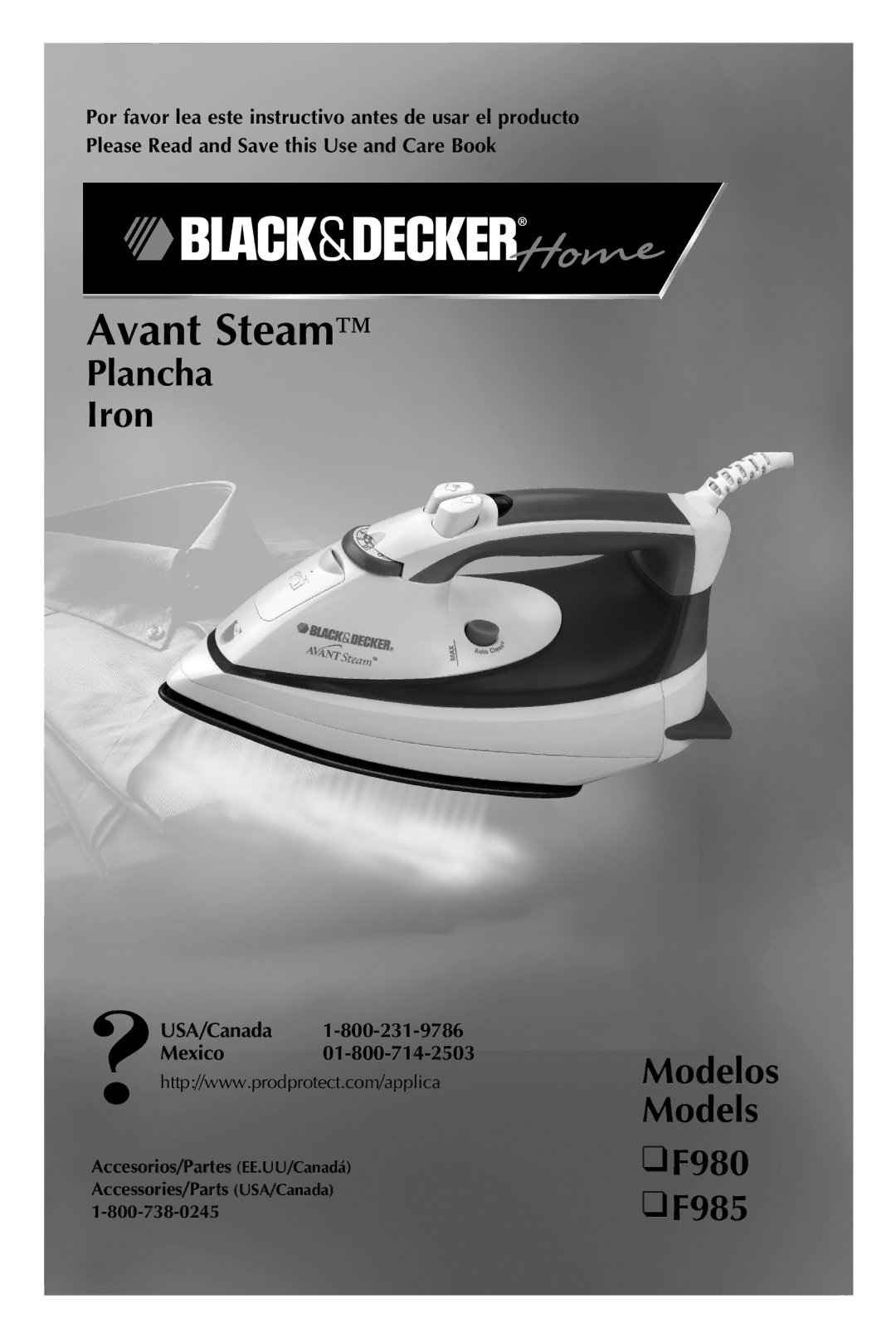 Black & Decker manual Plancha Iron, F980 F985, USA/Canada Mexico 