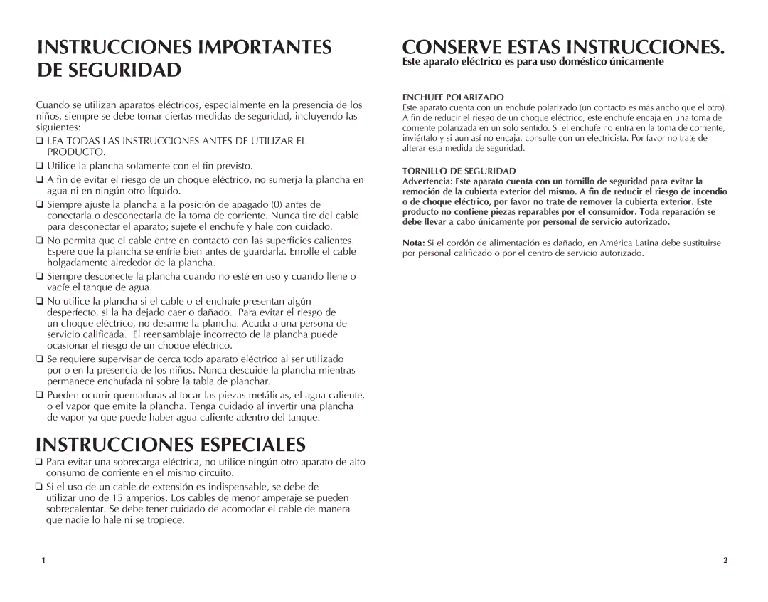 Black & Decker F980, F985 manual Instrucciones Especiales 