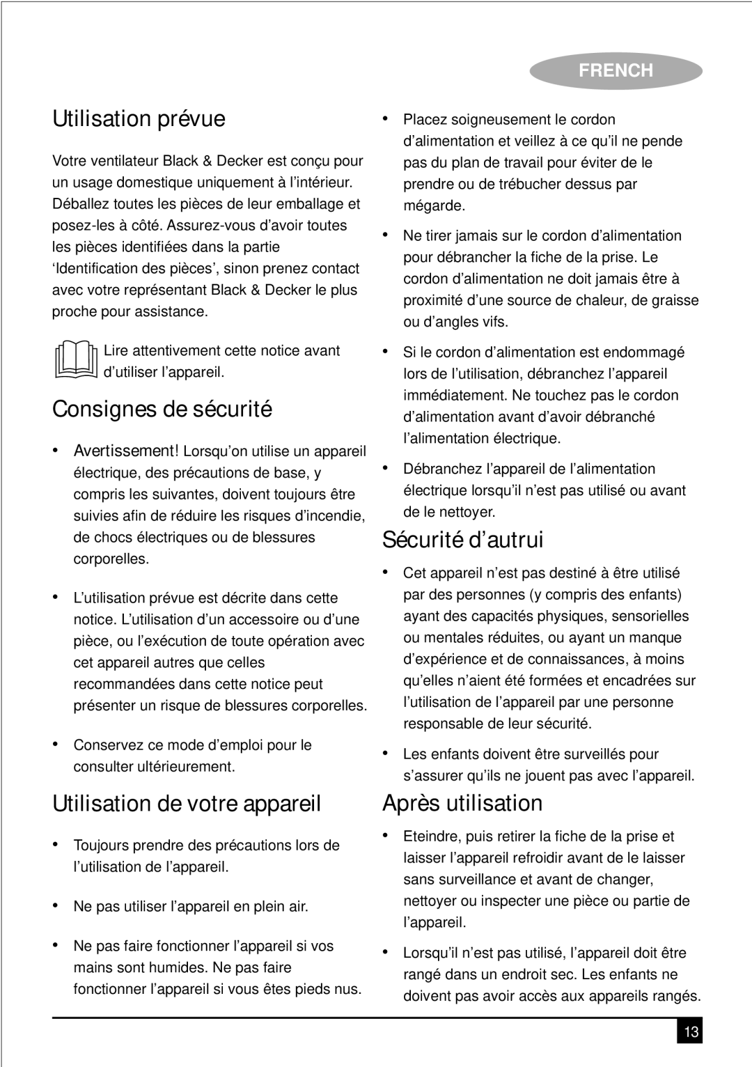 Black & Decker FB1400 manual Utilisation prévue, Consignes de sécurité, Utilisation de votre appareil, Sécurité d’autrui 