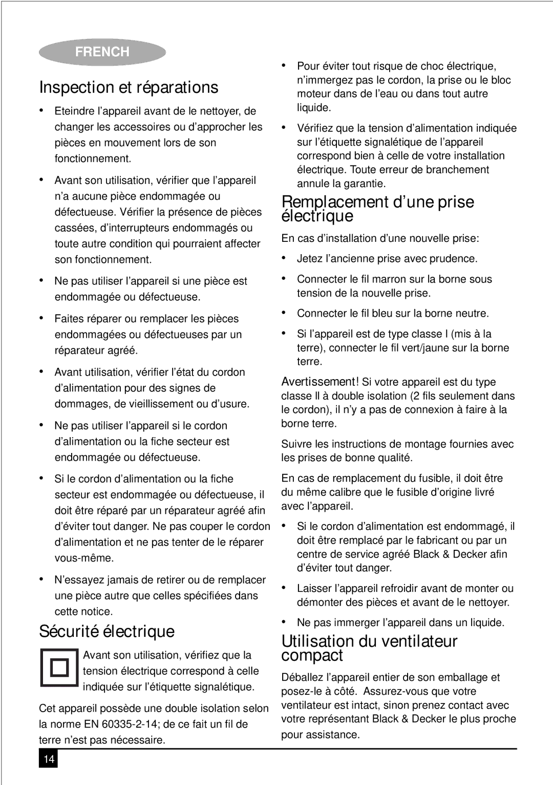 Black & Decker FB1400 manual Inspection et réparations, Sécurité électrique, Remplacement d’une prise électrique 