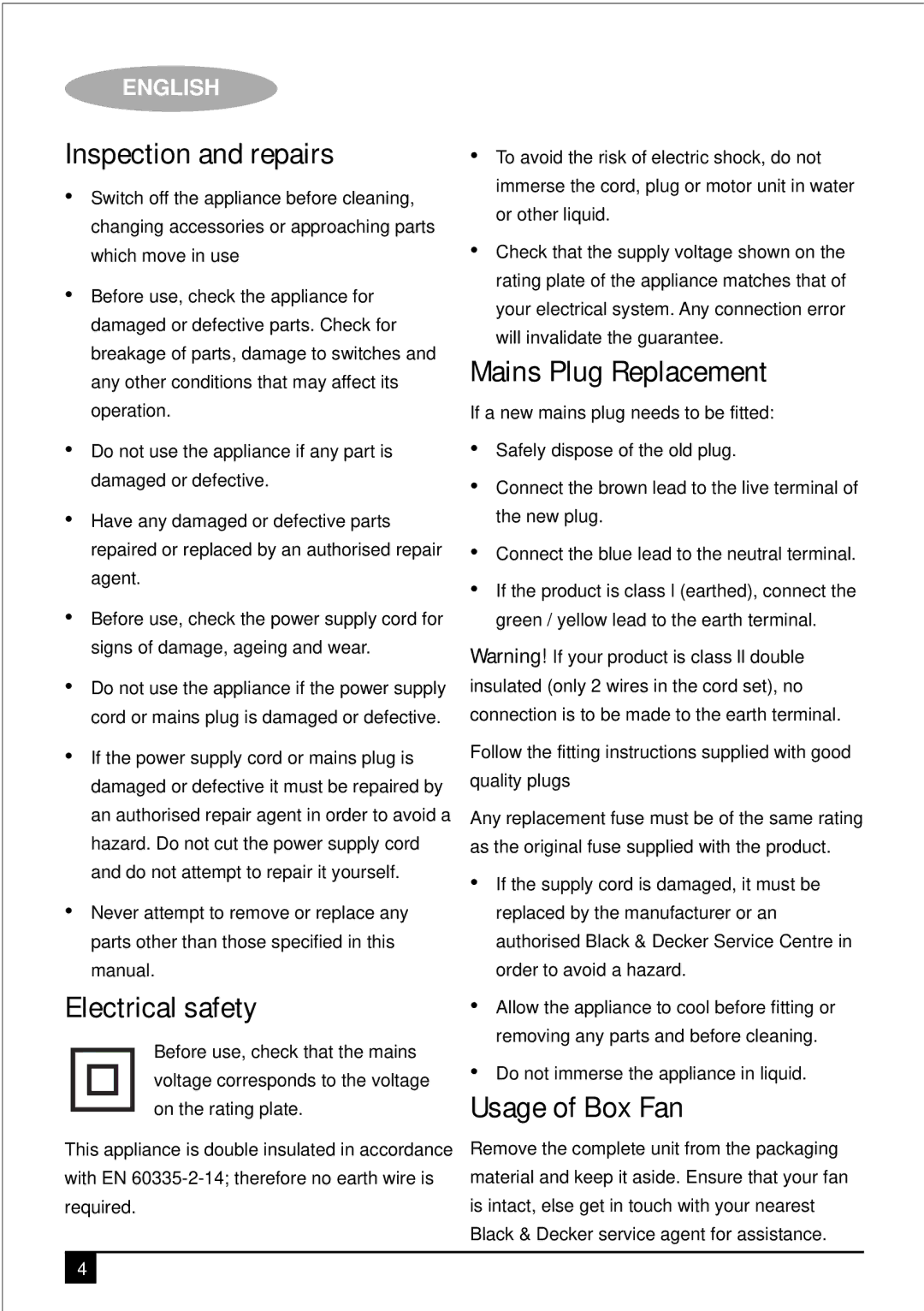 Black & Decker FB1400 manual Inspection and repairs, Electrical safety, Mains Plug Replacement, Usage of Box Fan 