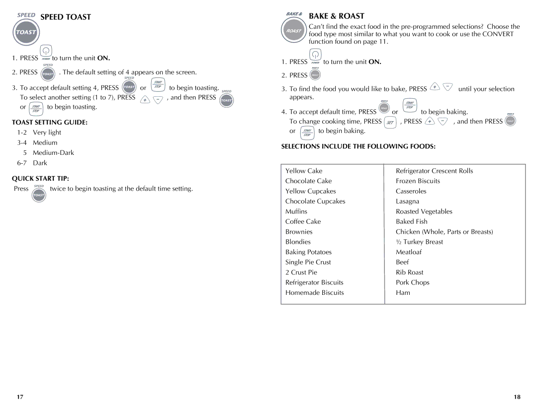 Black & Decker FC350, FC300, FC360 manual Speed Toast, Bake & Roast, Toast Setting Guide 