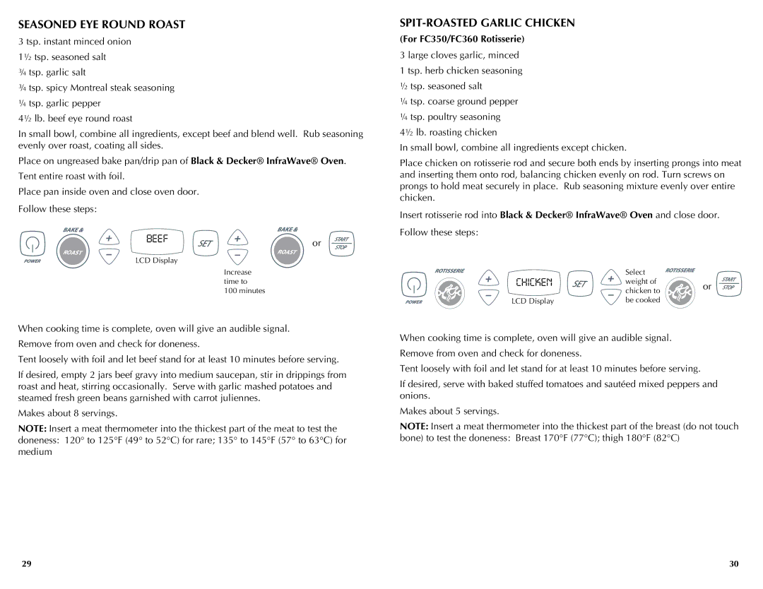 Black & Decker FC350, FC300, FC360 manual Seasoned EYE Round Roast, SPIT-ROASTED Garlic Chicken 