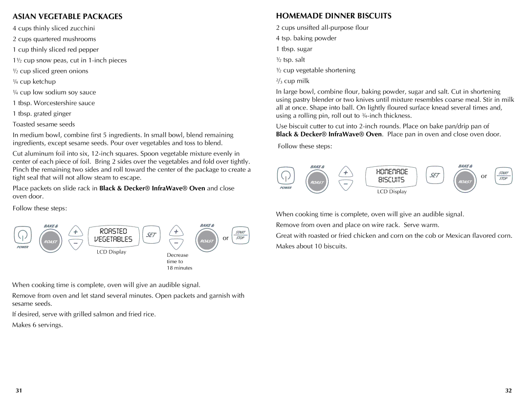 Black & Decker FC360, FC300, FC350 manual Asian Vegetable Packages, Homemade Dinner Biscuits, Roasted Vegetables 
