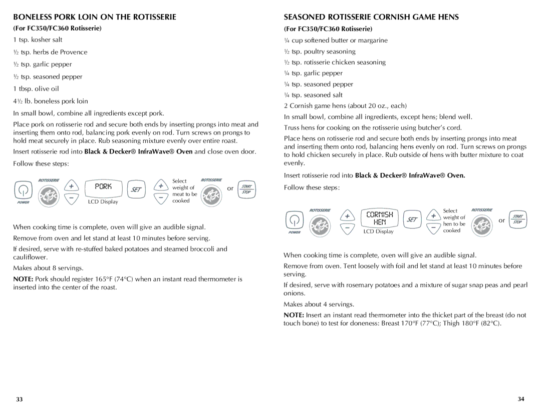 Black & Decker FC300, FC350, FC360 manual Boneless Pork Loin on the Rotisserie, Seasoned Rotisserie Cornish Game Hens 