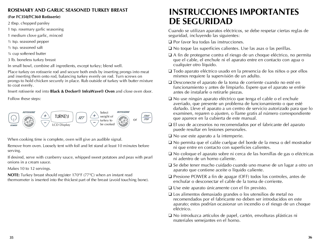 Black & Decker FC350, FC300, FC360 manual Instrucciones Importantes DE Seguridad, Rosemary and Garlic Seasoned Turkey Breast 