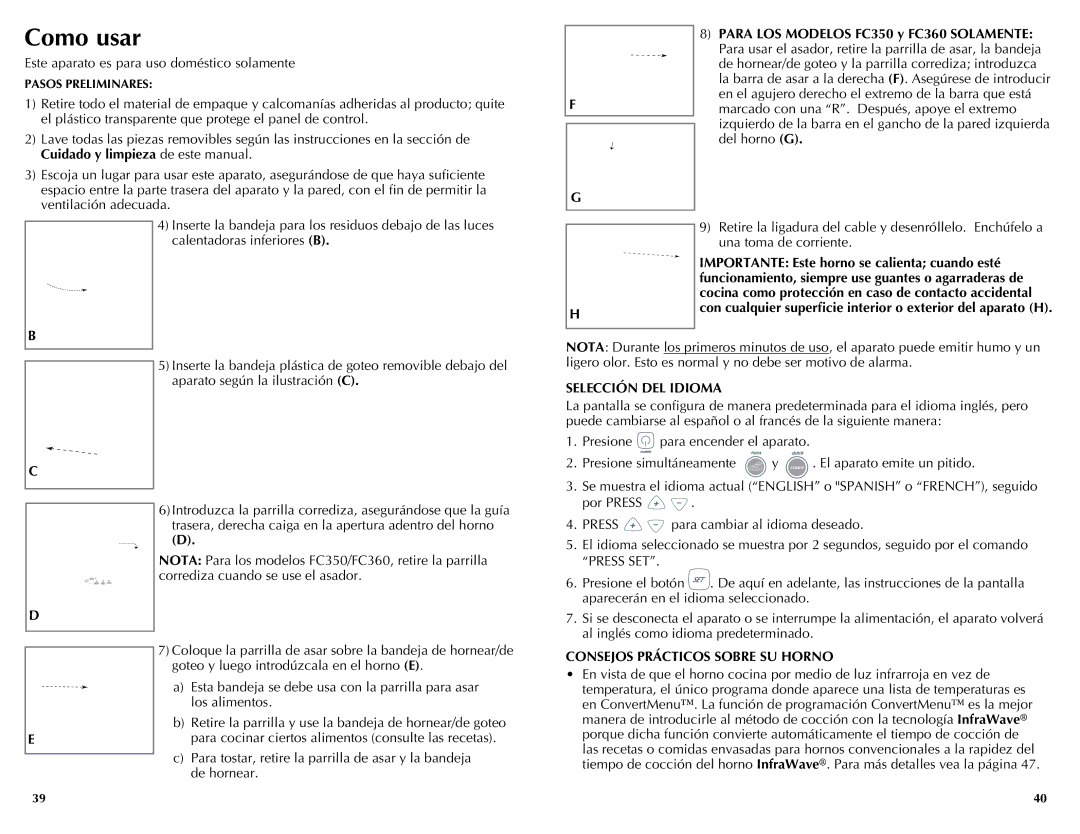 Black & Decker FC300, FC350, FC360 manual Como usar, Consejos Prácticos Sobre SU Horno 