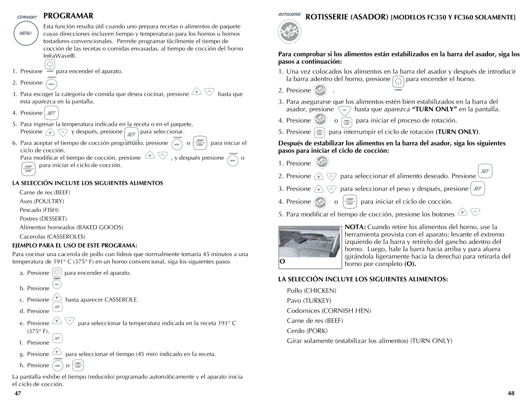 Black & Decker FC300 manual Programar, Rotisserie Asador Modelos FC350 Y FC360 Solamente 