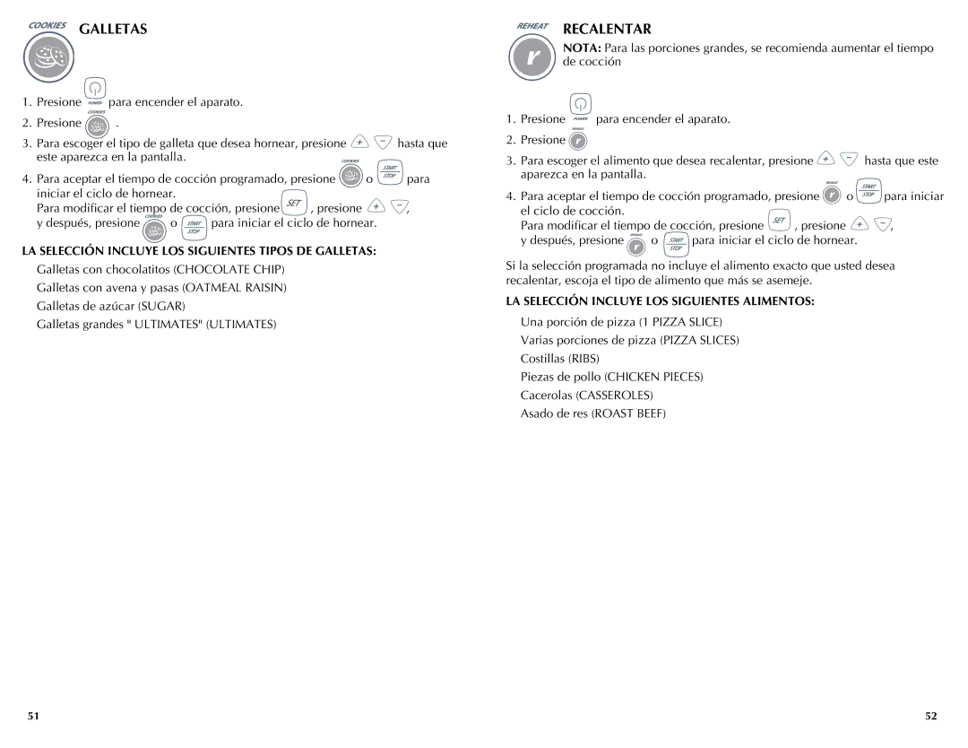 Black & Decker FC300, FC350, FC360 manual Recalentar, LA Selección Incluye LOS Siguientes Tipos DE Galletas 