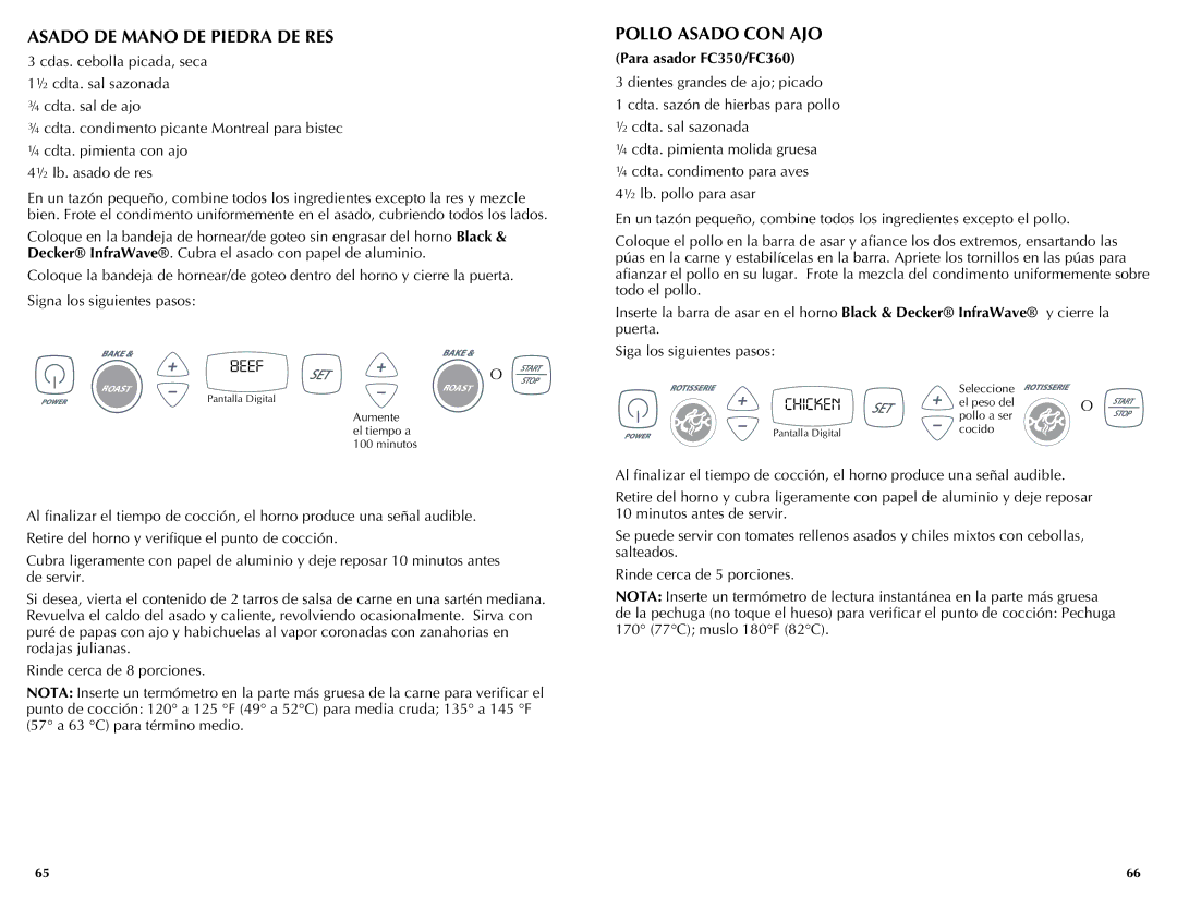 Black & Decker FC300 manual Asado de mano de piedra de res, Pollo asado con ajo, Para asador FC350/FC360 