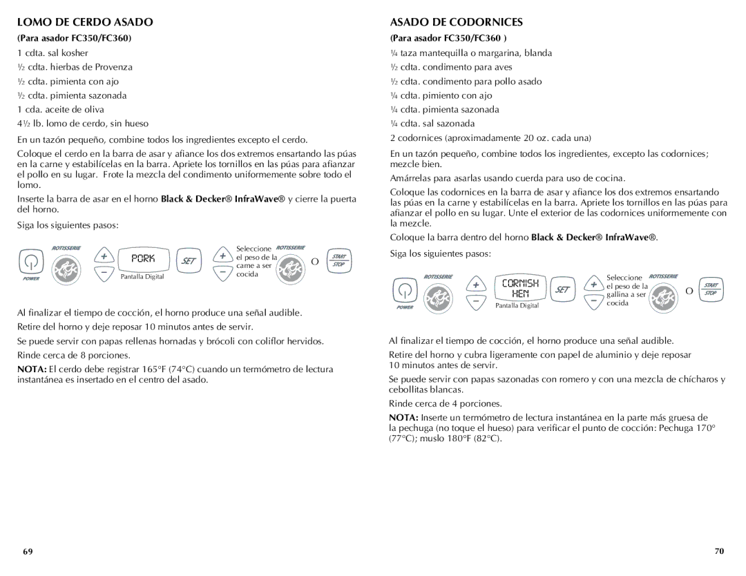 Black & Decker FC300, FC350, FC360 manual Lomo de cerdo asado, Asado de codornices, Cornish, Hen 