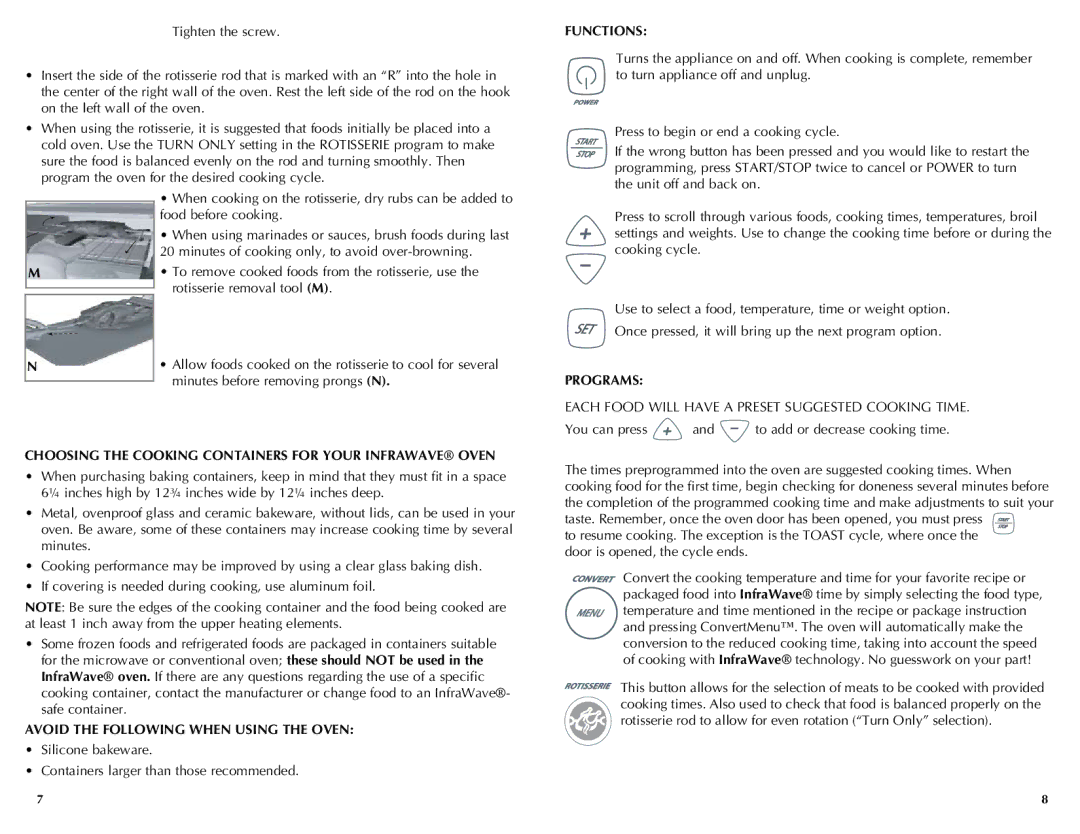 Black & Decker FC360 Choosing the Cooking Containers for Your Infrawave Oven, Avoid the Following When Using the Oven 