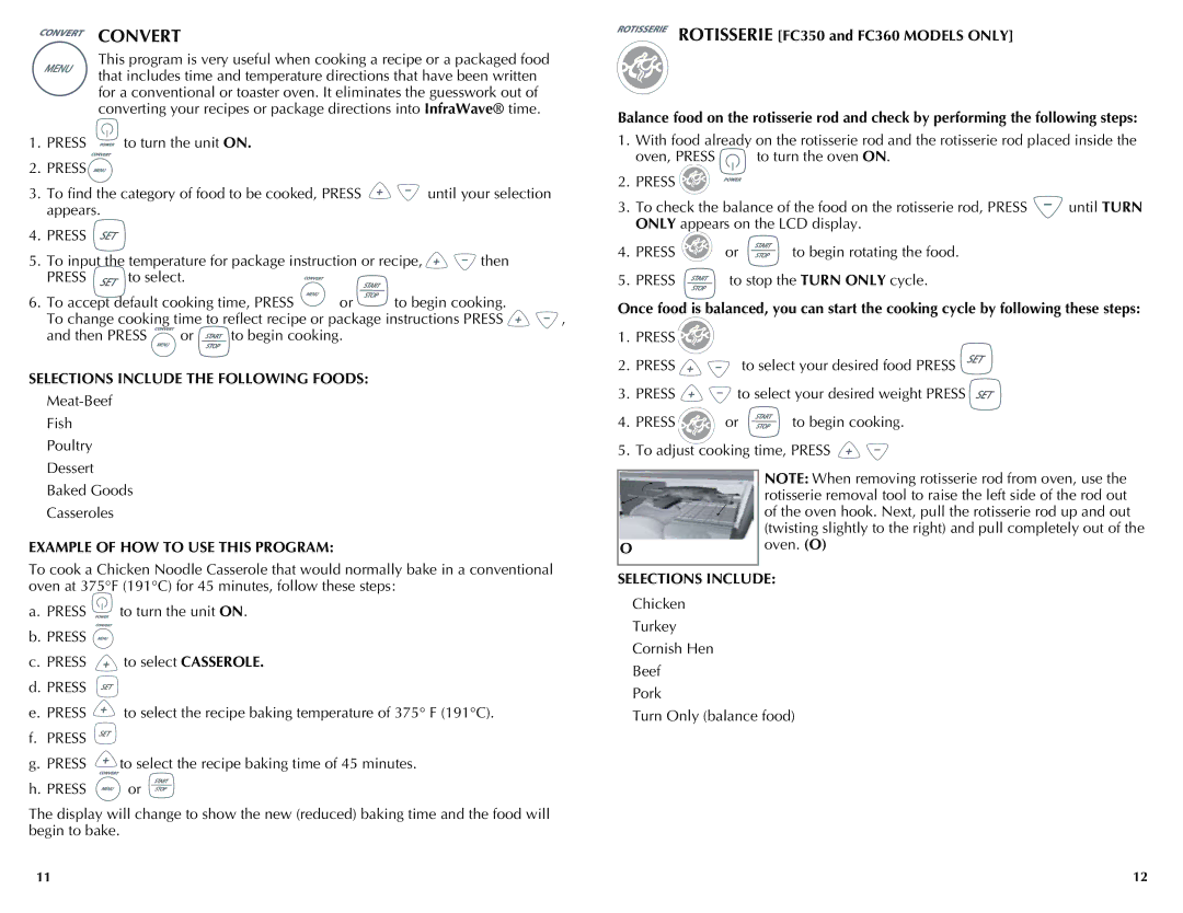 Black & Decker FC350, FC300 Convert, Press, Selections Include the Following Foods, Example of HOW to USE this Program 