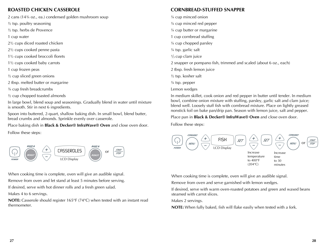 Black & Decker FC300, FC350, FC360 manual Roasted Chicken Casserole, Cornbread-Stuffed Snapper 