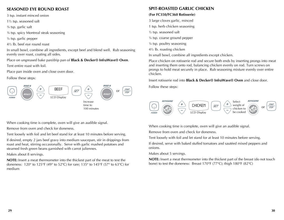 Black & Decker FC300 manual Seasoned Eye Round Roast, Spit-Roasted Garlic Chicken, Beef, For FC350/FC360 Rotisserie 