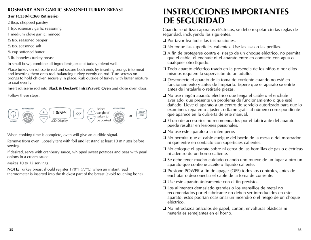 Black & Decker FC350, FC300, FC360 manual Rosemary And Garlic Seasoned Turkey Breast, Instrucciones Importantes De Seguridad 