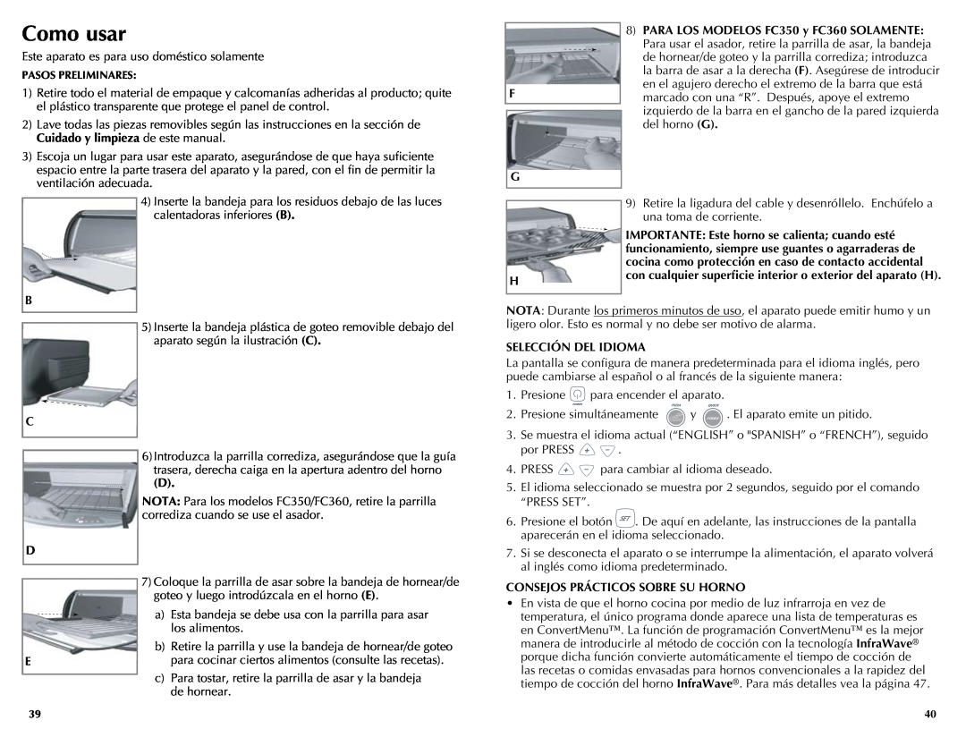 Black & Decker FC300, FC350, FC360 manual Como usar, Consejos Prácticos Sobre Su Horno 